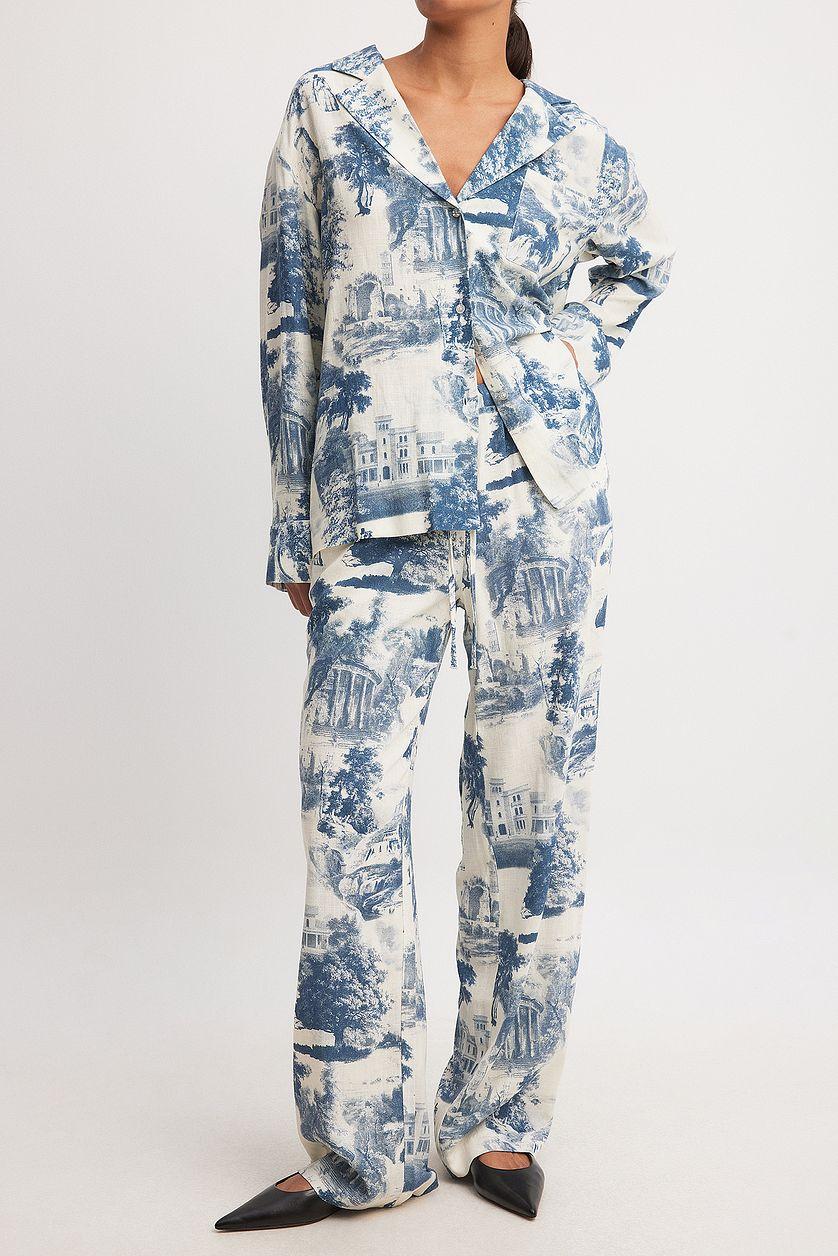 Linen Blend Mid Waist Drawstring Trousers Product Image