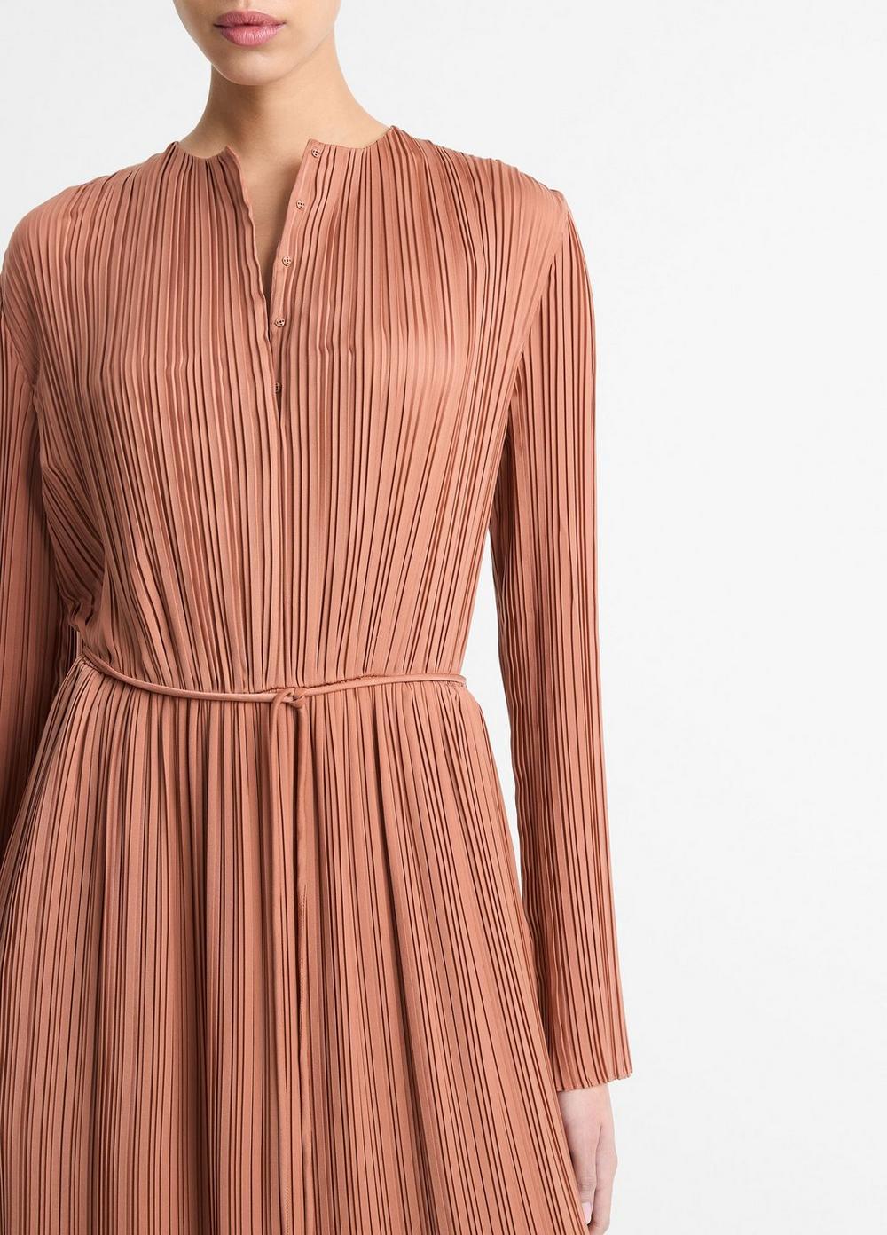 Pleated Satin Long-Sleeve Dress Product Image