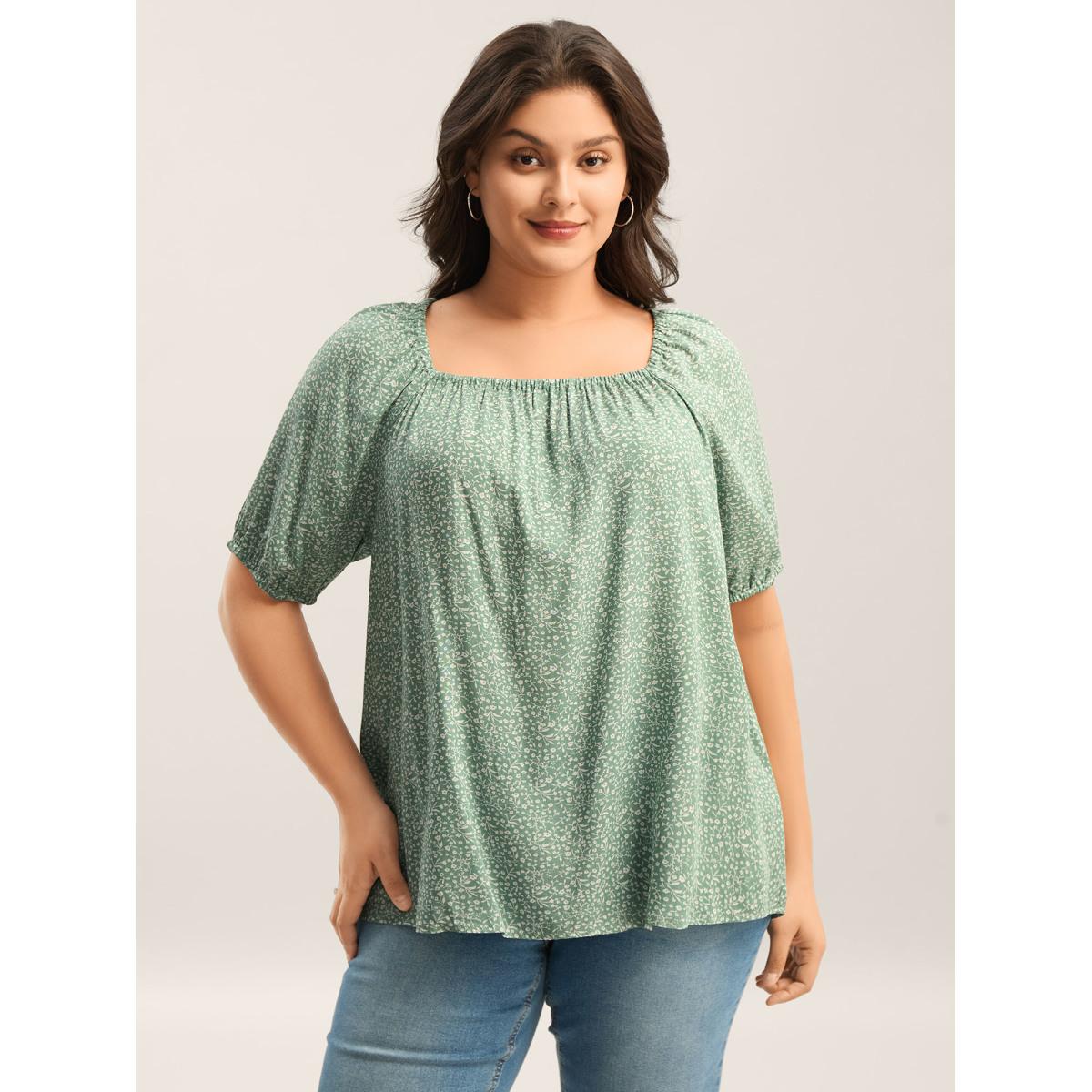 Plus Size Greenbean Floral Print Square Neck Relaxed Blouse Women Half Sleeve Square Neck Everyday-Casual Blouses BloomChic 30/6X Product Image