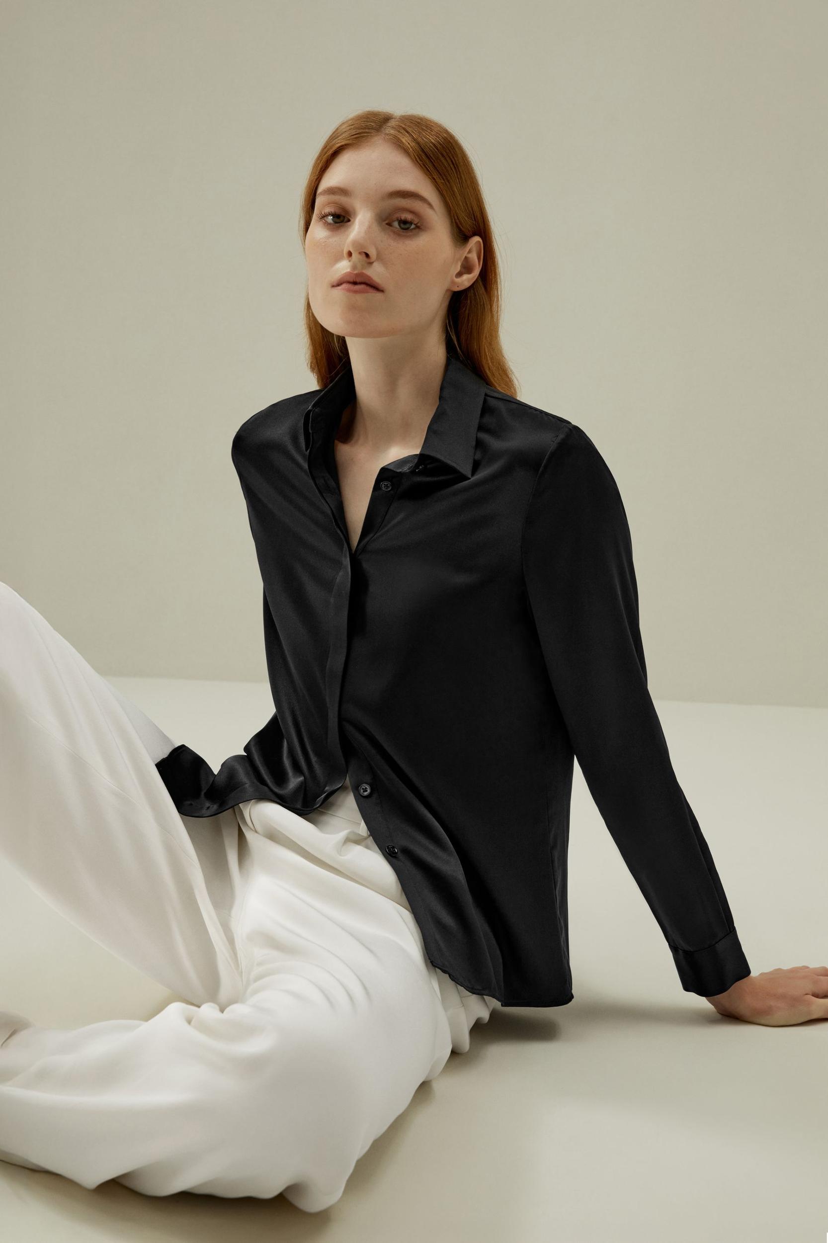 LILYSILK Silk Shirt Women - Dark Gray Mulberry Silk - Non-Toxic Dyes Concealed Mother-Of-Pearl Buttons Blouse Petite M Product Image