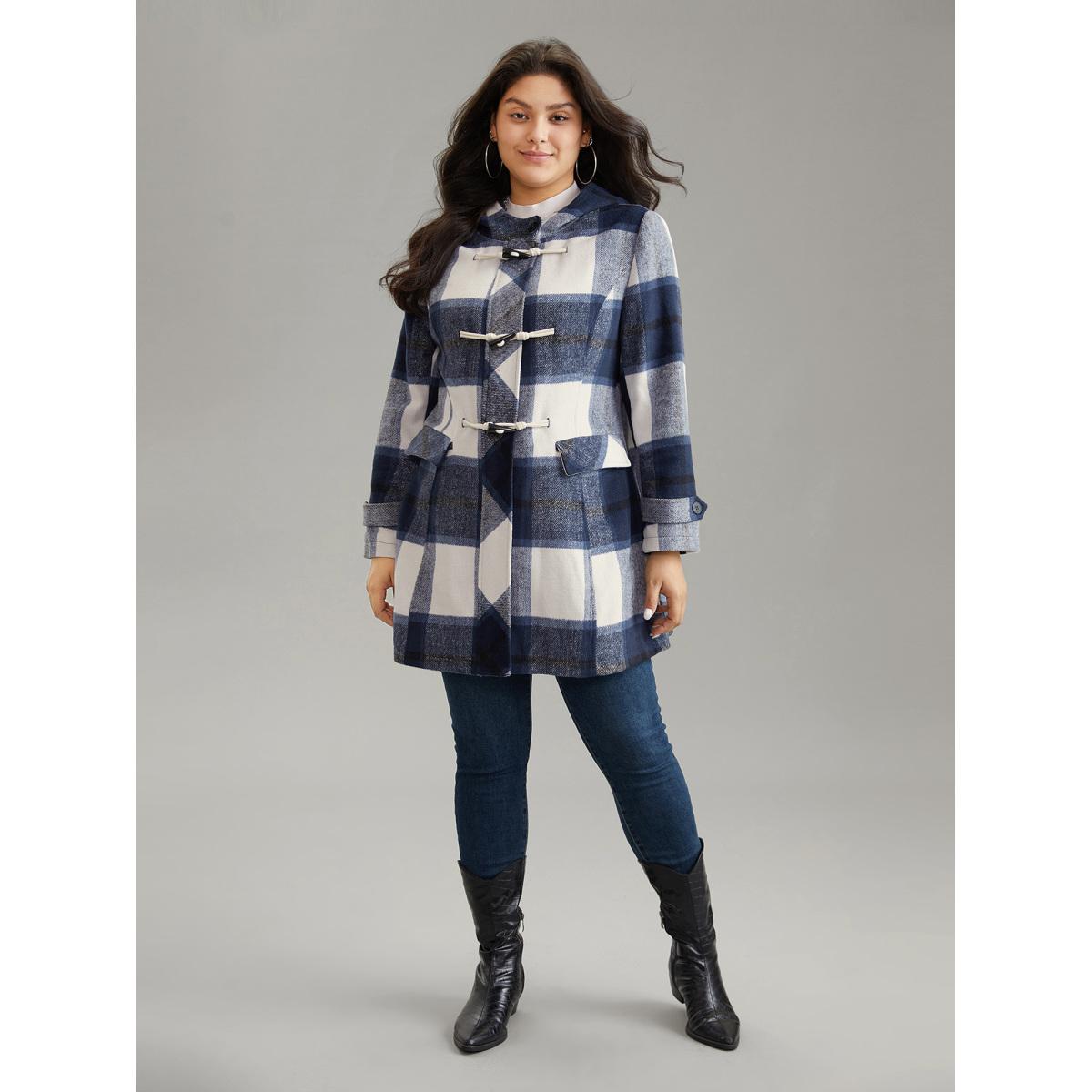 Plus Size Plaid Hooded Duffle Button Zipper Coat Women Indigo Casual Lined Ladies Dailywear Winter Coats BloomChic 26/4X Product Image