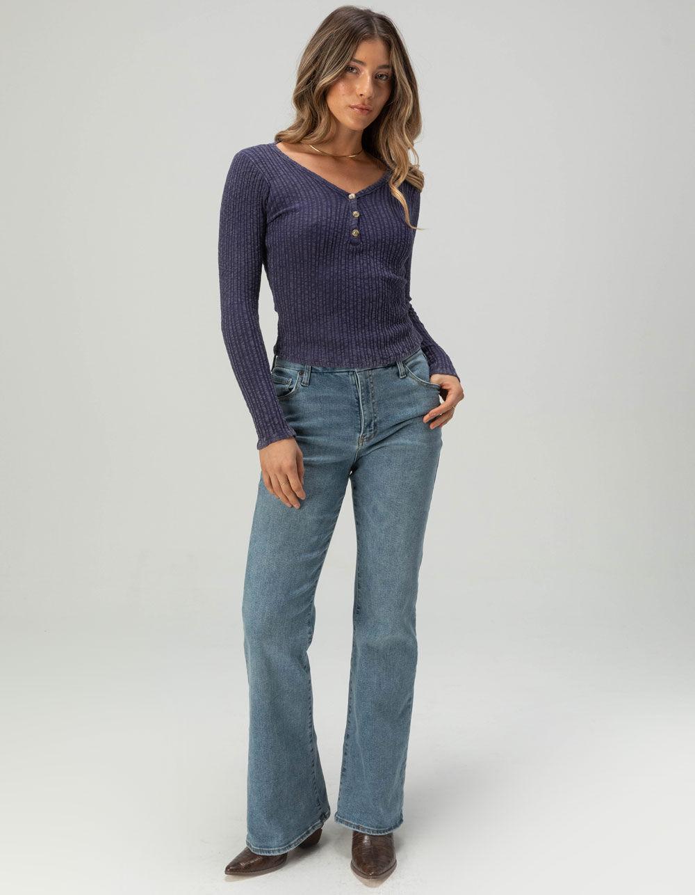 FULL TILT Womens Rib Long Sleeve Henley Top - NAVY Product Image