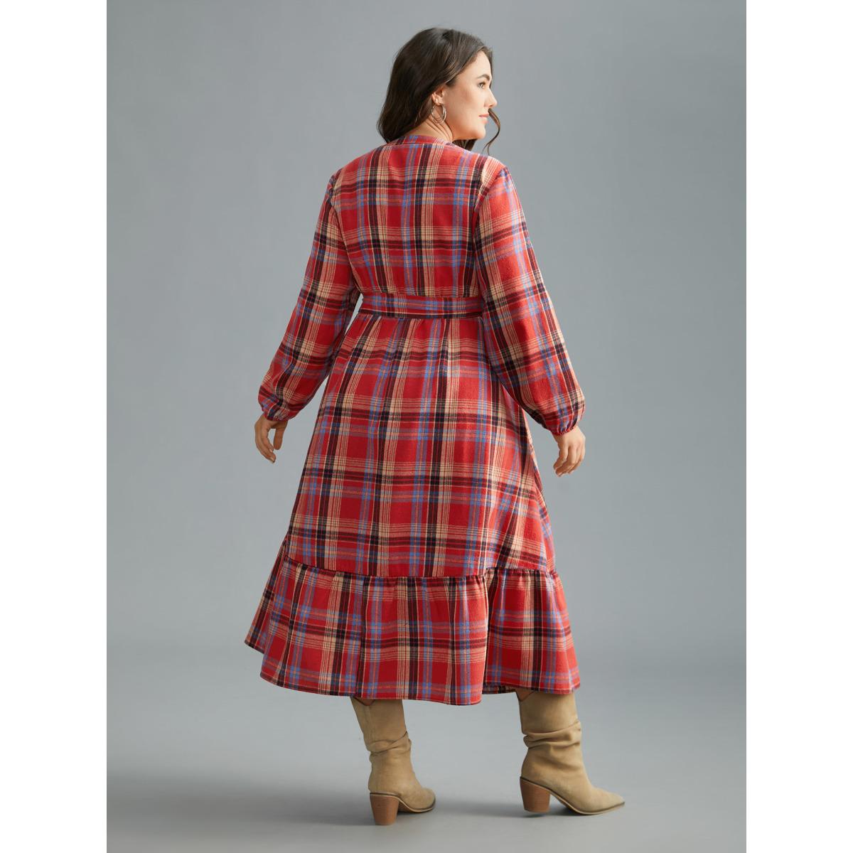 Plus Size Festive Notched Collar Plaid Dress Raspberry Women Elegant Belted Flat collar with V-notch Long Sleeve Curvy BloomChic 30/6X Product Image