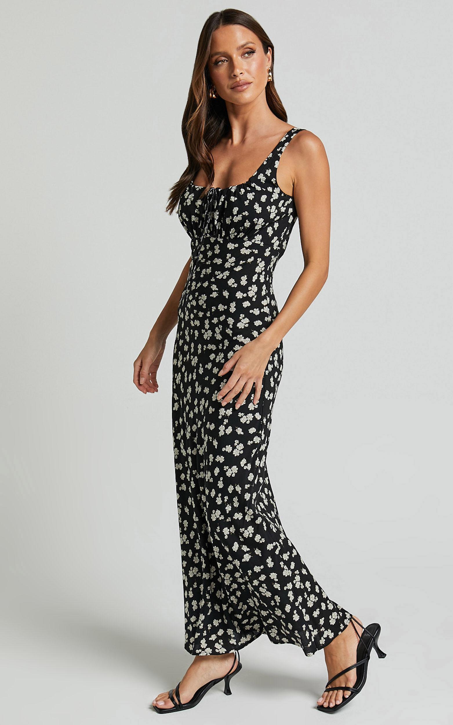 Elanora Midi Dress - Scoop Neck Keyhole Front Empire Waist Bias Cut Slip Dress in Black Wildflower Product Image