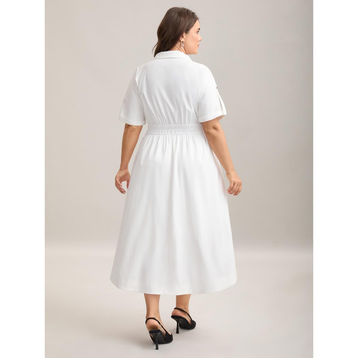 Plus Size Woven Shirred Waist Solid Collar Midi Dress Originalwhite Women Shirt collar Short sleeve Curvy BloomChic 18-20/2X Product Image