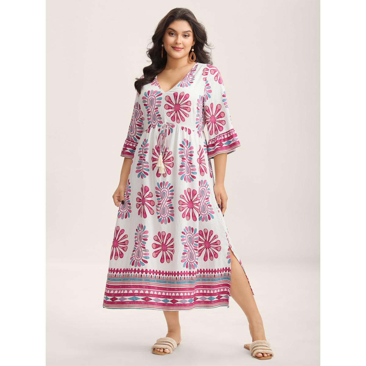 Plus Size Boho Drama Sheer A-Line Midi Dress Rosered Women Boho V-neck Elbow-length sleeve Curvy BloomChic 26/4X Product Image