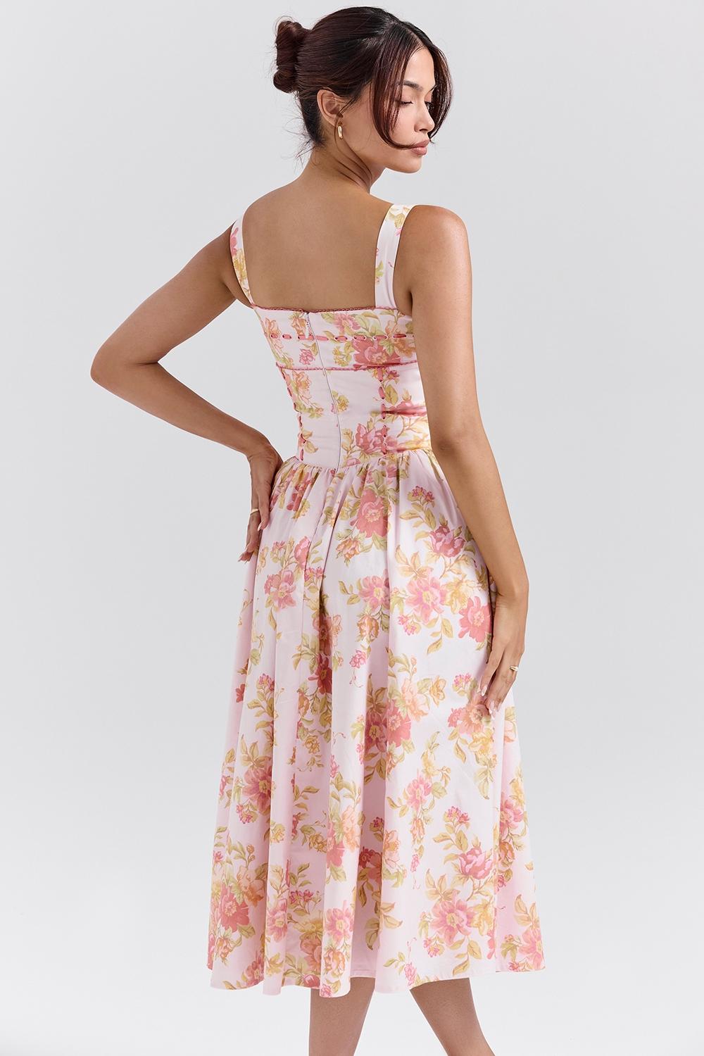 Vivien  peach poppy print cotton midi sundress Product Image