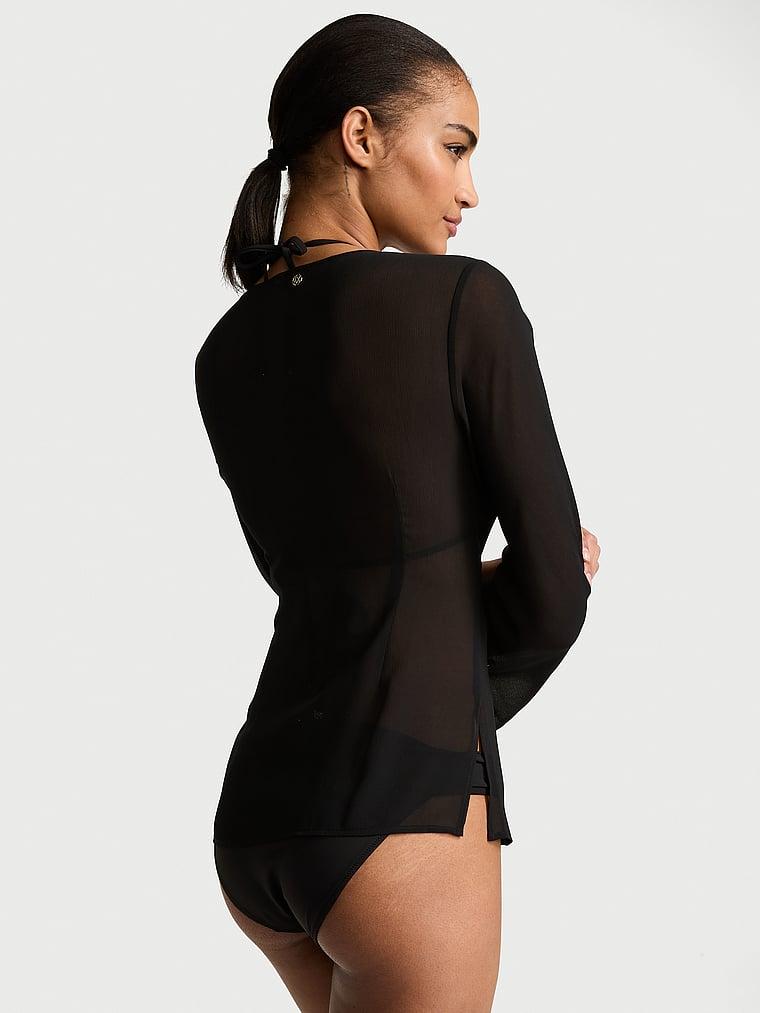Beachwear Sheer Crinkle Tie-Front Long-Sleeve Top Product Image