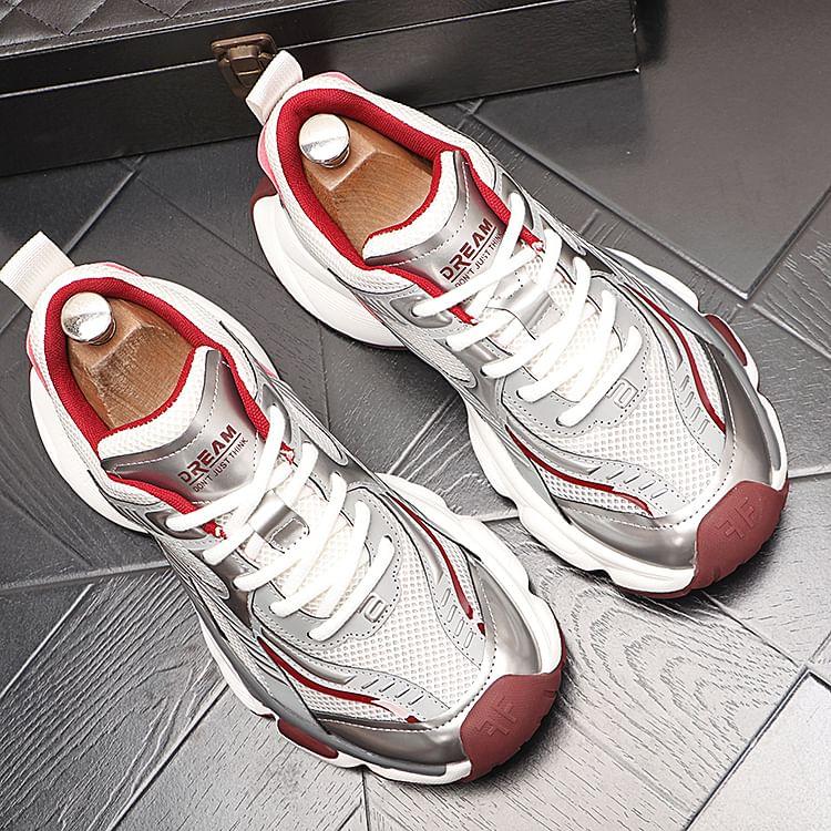 Hidden Wedge Mesh Panel Lace-Up Faux Leather Sneakers Product Image