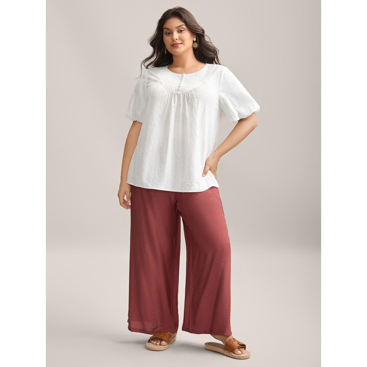 Plus Size WhiteSmoke Pure Cotton Puff Sleeve Button Blouse Women Half Sleeve Round Neck Vacation Blouses BloomChic 12/L Product Image