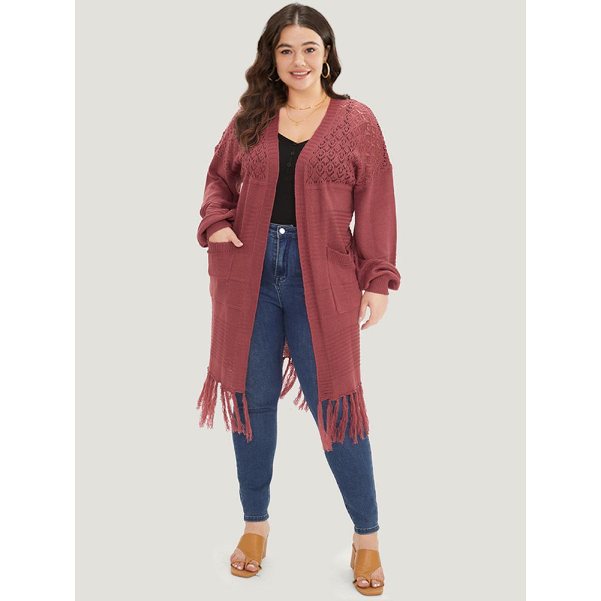 Plus Size Plain Fringe Trim Patched Pocket Cardigan Russet Women Casual Loose Long Sleeve Dailywear Cardigans BloomChic 28/5X Product Image