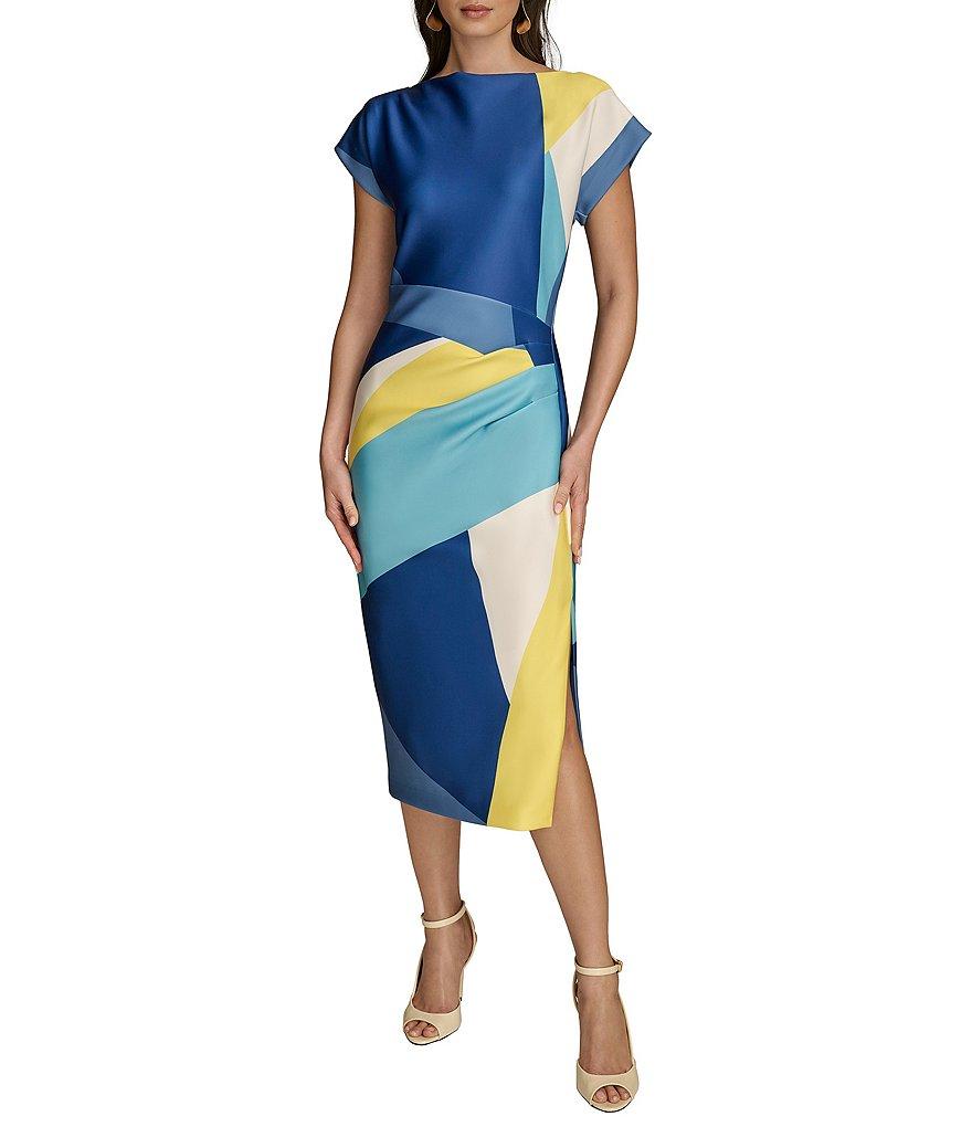 Donna Karan Short Sleeve Boat Neck Abstract Print Color Block Scuba Midi Sheath Dress Product Image
