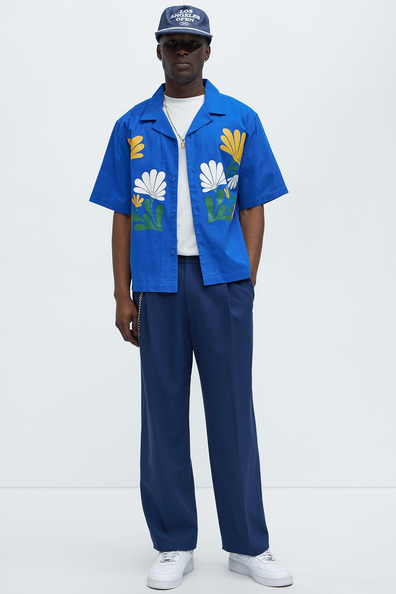 Botanical Garden Cropped Short Sleeve Button Up Shirts - Blue Product Image