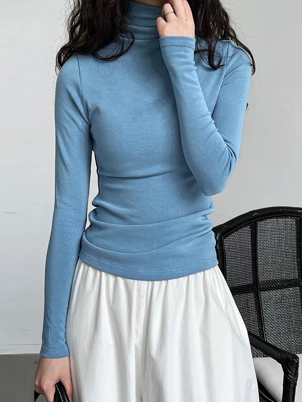 Long Sleeves Skinny Solid Color Split-Joint High Neck T-Shirts Product Image