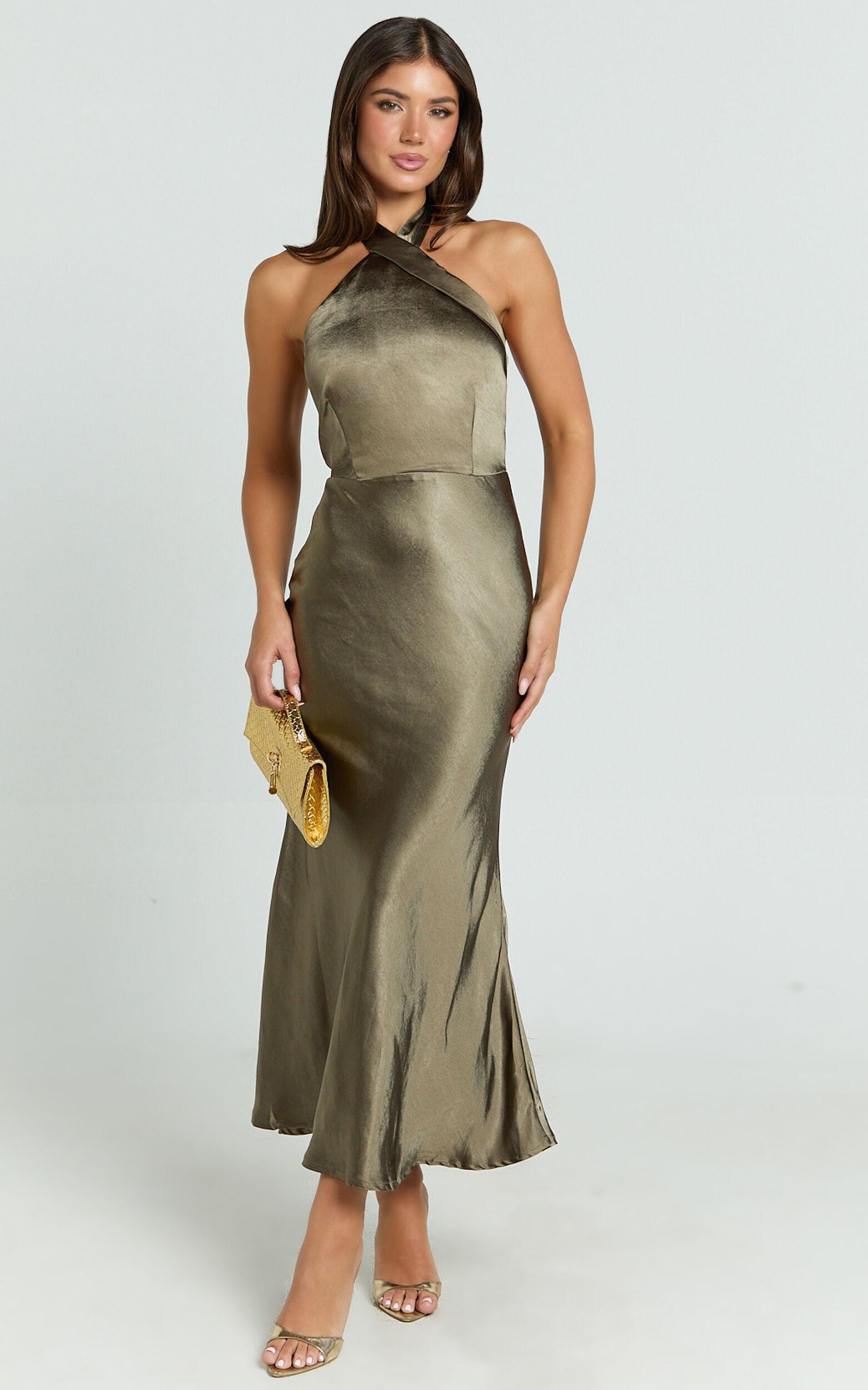 Rhianne Midi Dress - Twist Halter Neck Open Back Satin Dress in Olive Product Image