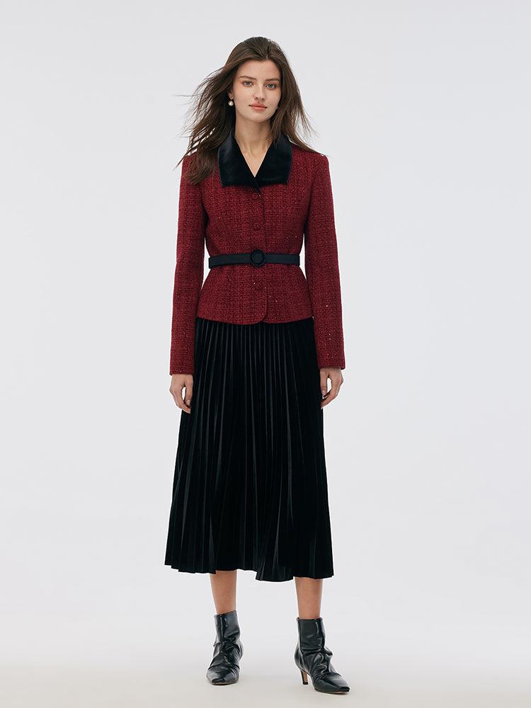 Wool Blend Sequins Jacket And Velvet Pleat Skirt Two-Piece Set With Be Product Image