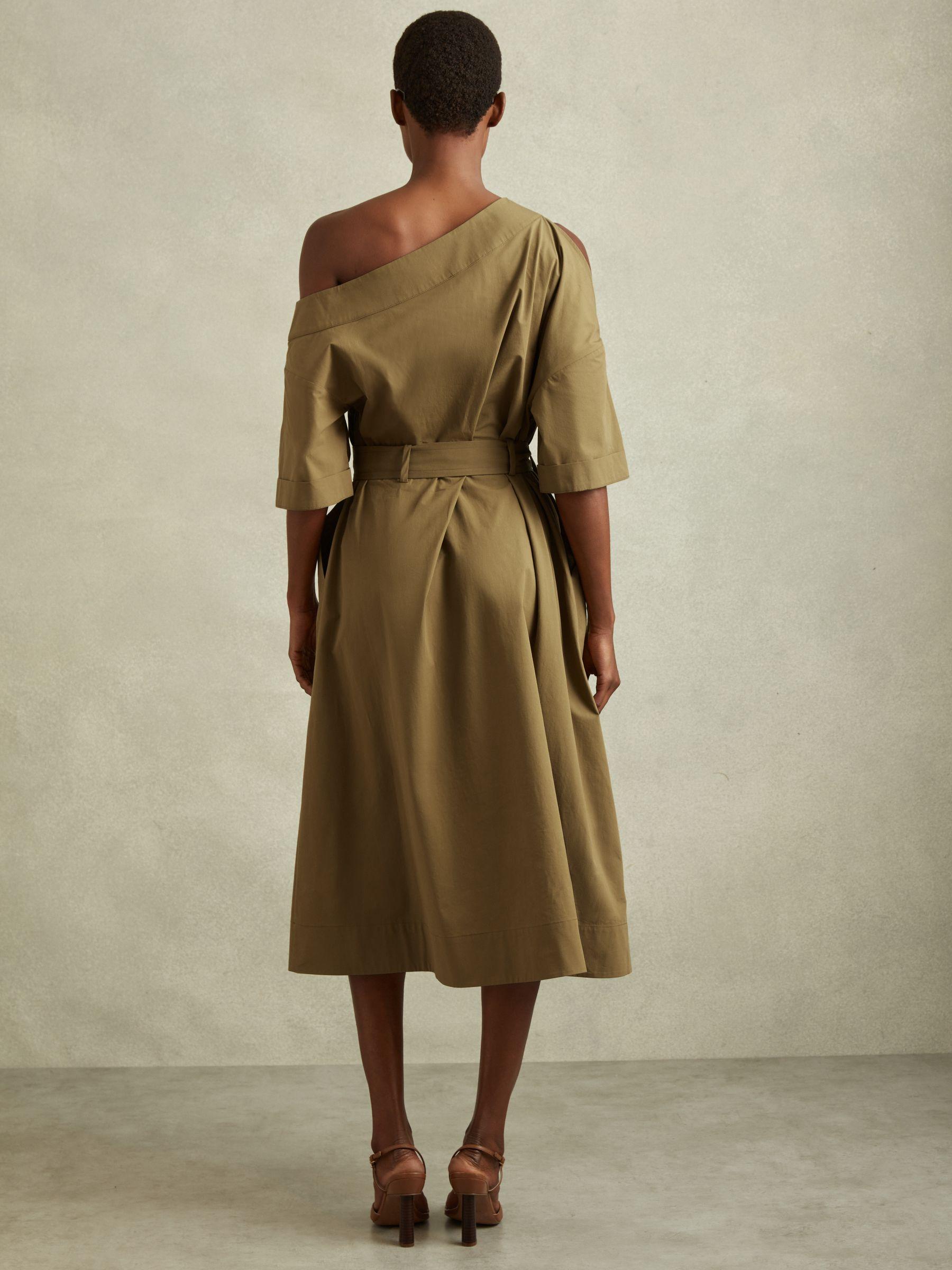 Off The Shoulder Belted Midi Dress in Khaki Product Image