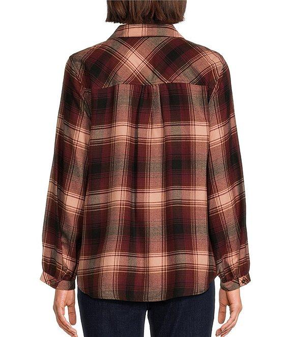 Westbound Ombre Plaid Print Long Sleeve Y-Neck Button Front Collared Top Product Image