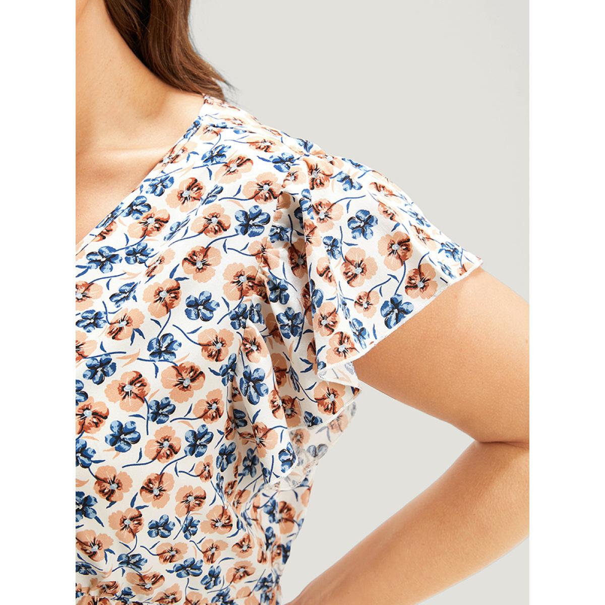 Plus Size White Ditsy Floral Cap Sleeve Ruffle Badydoll Blouse Women Elegant Cap Sleeve V-neck Dailywear Blouses BloomChic 22-24/3X Product Image