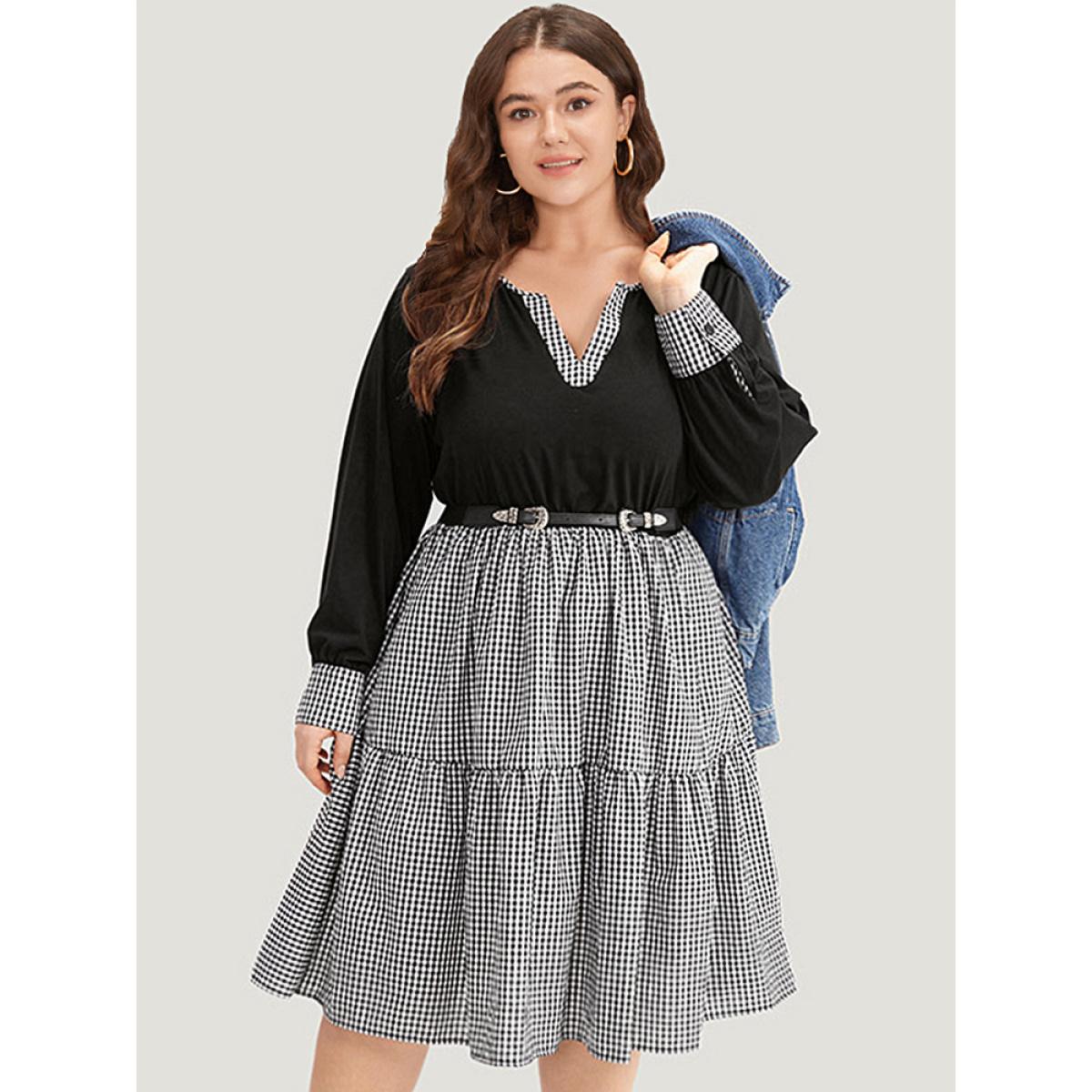 Plus Size Notched Drawstring Gingham Patchwor Dress Black Women Casual Patchwork Notched collar Long Sleeve Curvy Midi Dress BloomChic 18-20/2X Product Image