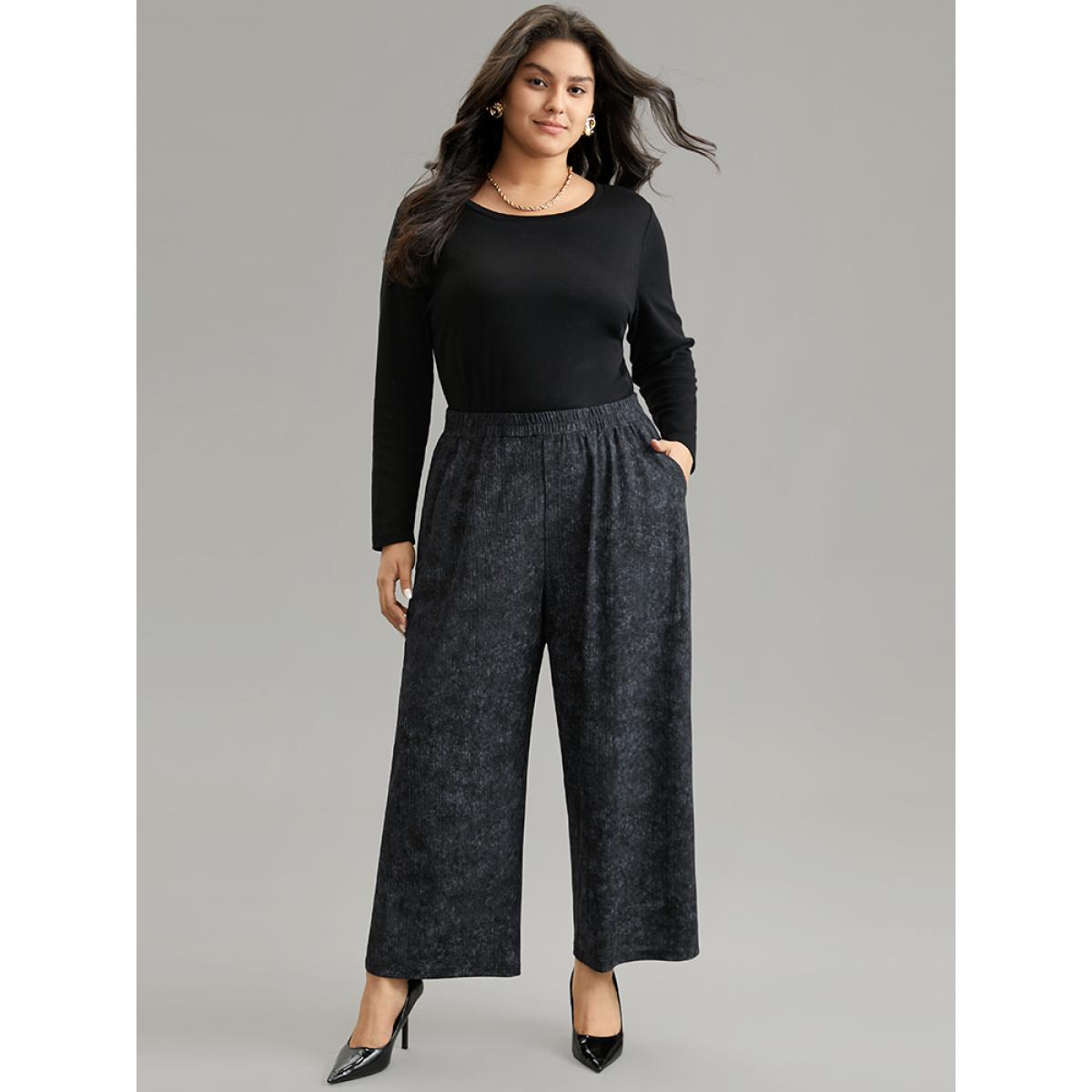 Plus Size Vintage Heather Elastic Waist Wide Leg Pants Women Black Casual Wide Leg High Rise Dailywear Pants BloomChic 10/M Product Image