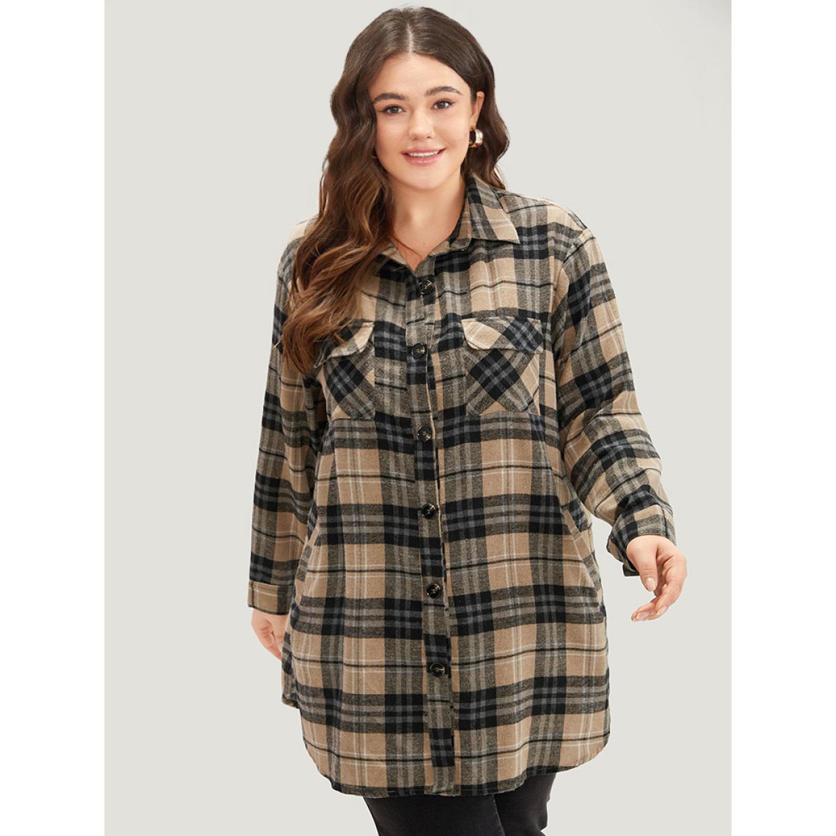 Plus Size Plaid Flap Pocket Curved Hem Coat Women Tan Contrast Pocket Dailywear Jackets BloomChic 10/M Product Image