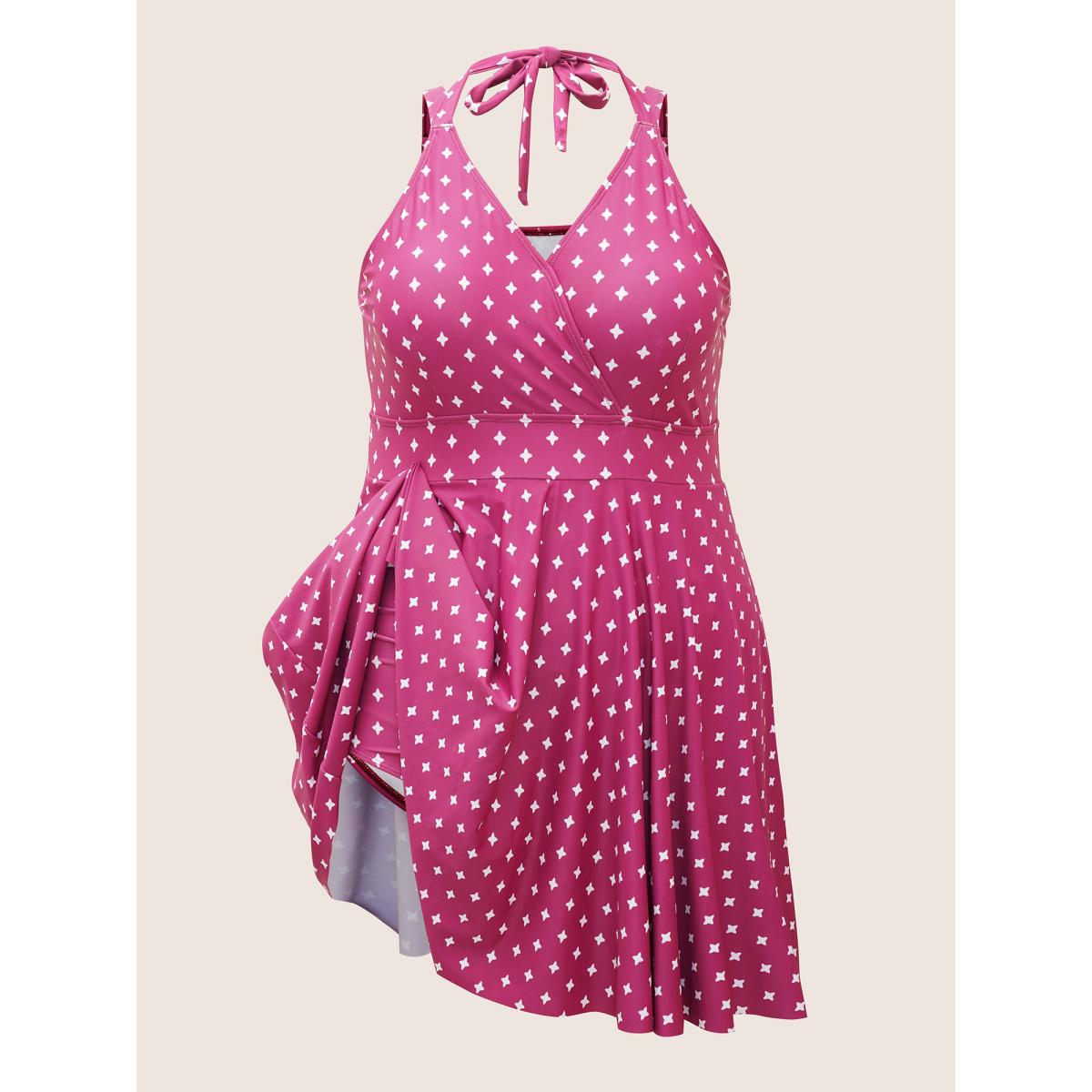 Plus Size Overlap Collar Geometric Tie Knot Swim Dress Women's Swimwear Deeppurplered Beach Bodycon Overlap Collar High stretch Curve Swim Dresses BloomChic 10/M Product Image