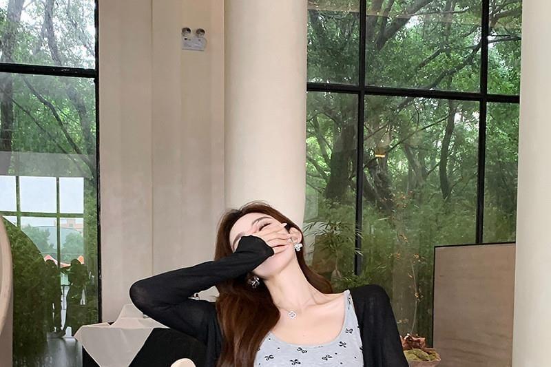 Set: Spaghetti Strap Floral Midi Sheath Dress + Plain Tie Front Bolero Cardigan Product Image