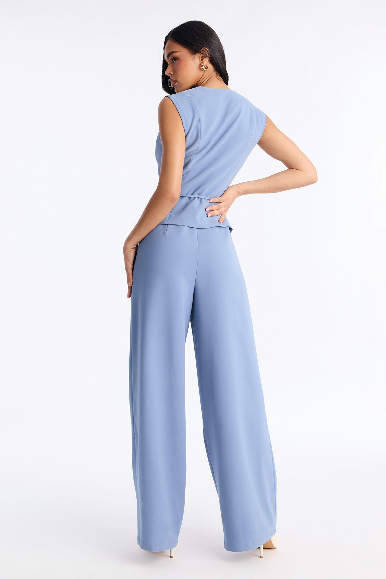Cailey Contrast Trim Tie Front Wide Leg Jumpsuit - Blue Female Product Image