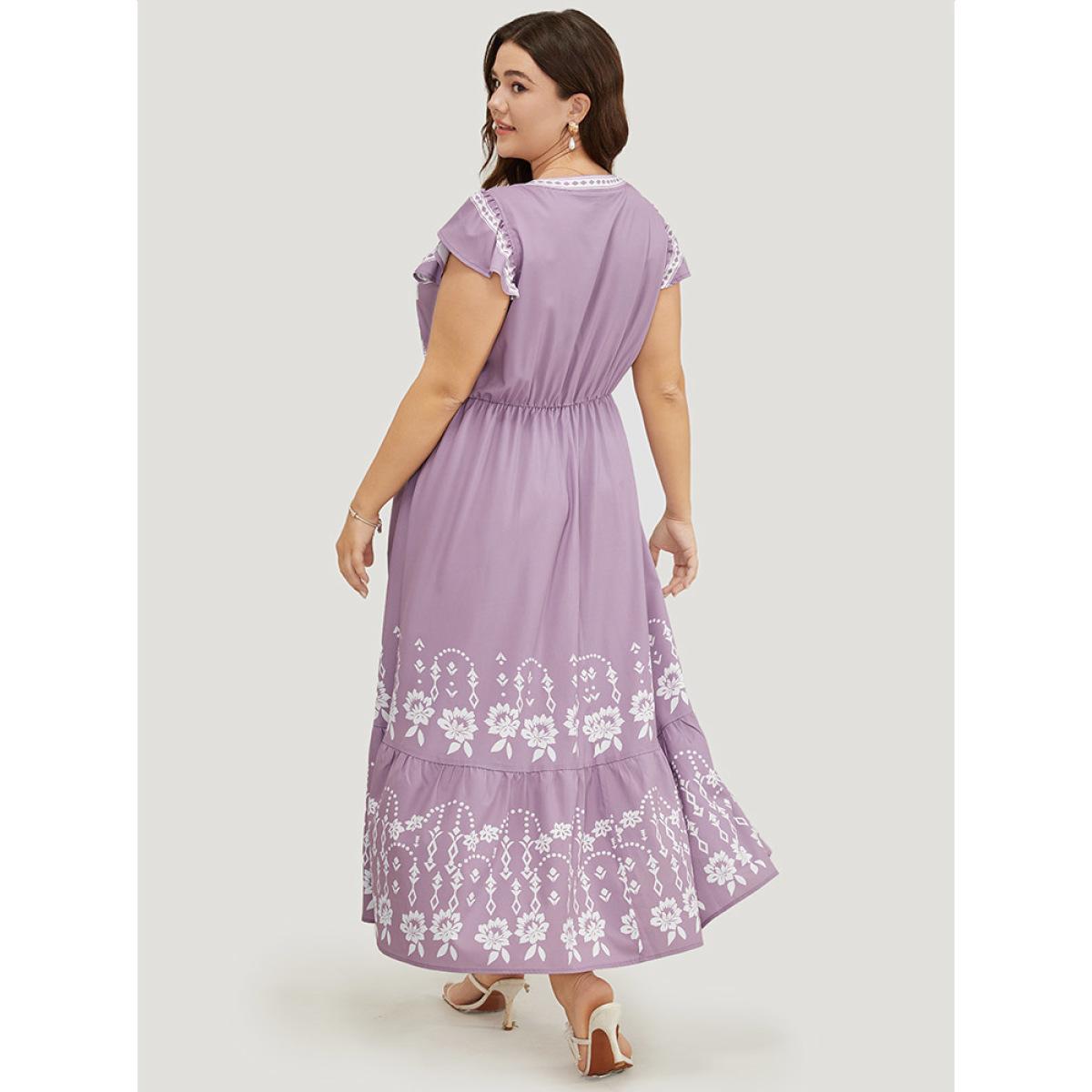 Plus Size Bandana Cap Sleeve Notched Neck Pocket Flutter Hem Dress Mauve Women Vacation Elastic Waist Notched collar Cap Sleeve Curvy Midi Dress BloomChic 30/6X Product Image