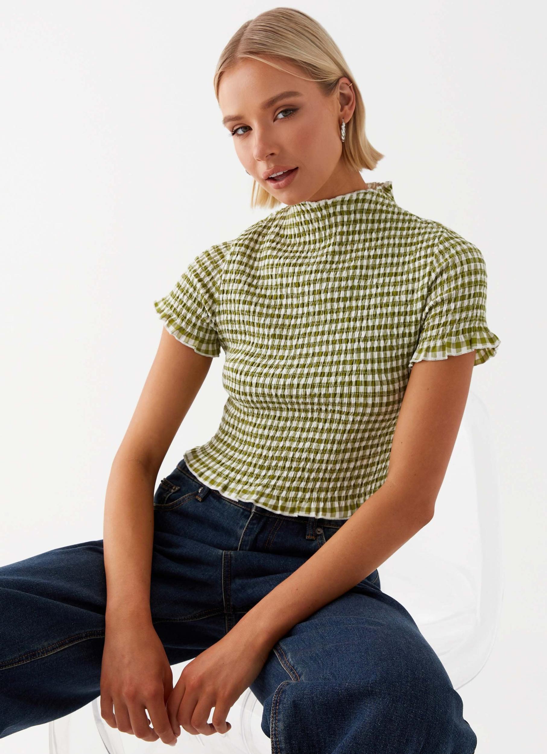Cleo Tee - Khaki Gingham Product Image