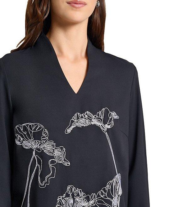 MISOOK Floral Embroidered Crepe De Chine V-Neck Long Sleeve Tunic Product Image