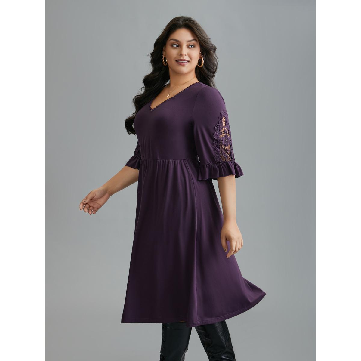 Plus Size V Neck Plain Crochet Lace Mesh Dress Deeppurple Women Elegant Woven ribbon&lace trim Knit Dresses Bloomchic 12/L Product Image