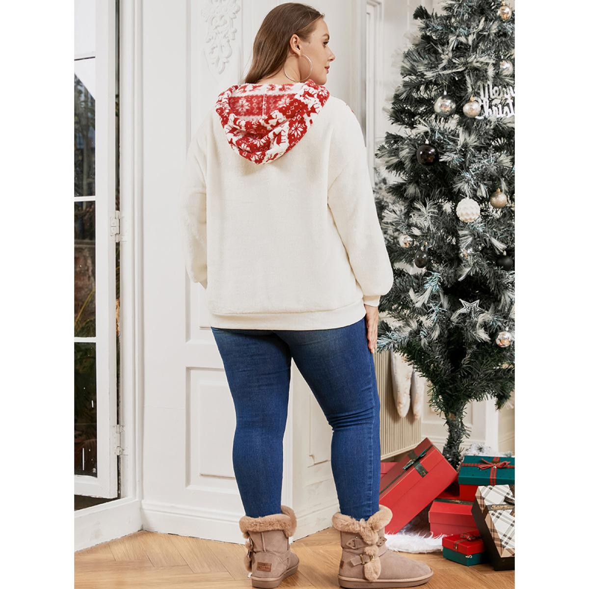 Plus Size Elk & Snowflake Print Pocket Drawstring Hooded Sweatshirt Women Multicolor Casual Patchwork Hooded Dailywear Sweatshirts BloomChic 26/4X Product Image