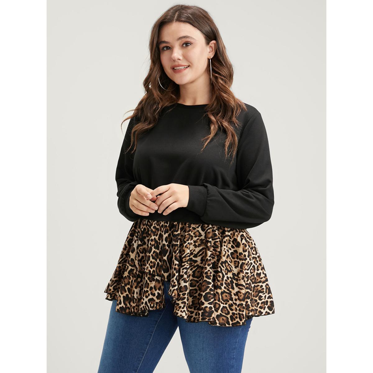 Plus Size Leopard Patchwork Asymmetrical Hem Sweatshirt Women Black Elegant Contrast Round Neck Dailywear Sweatshirts BloomChic 26/4X Product Image