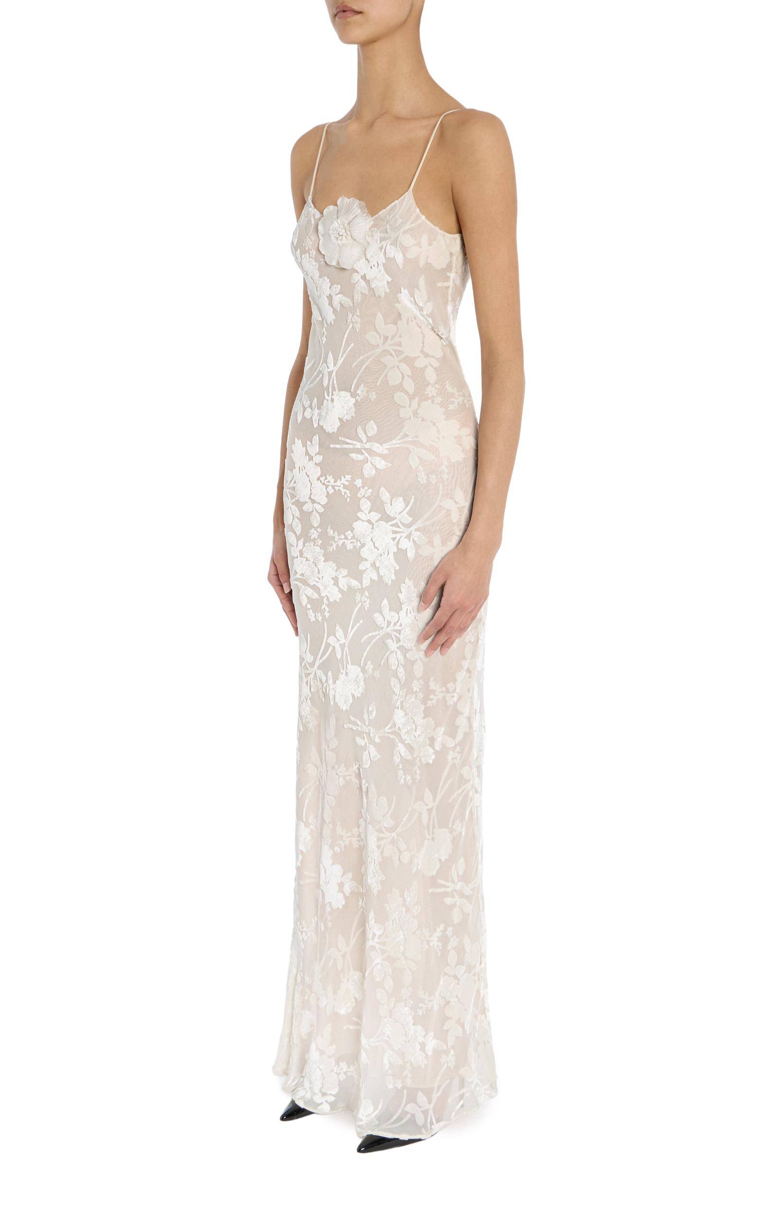 Off White Velvet Devoré Slip Gown With Silk Flower Pin Product Image