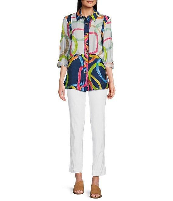 Ali Miles Printed Point Collar 3/4 Roll Tab Sleeve Button Front Tunic Product Image