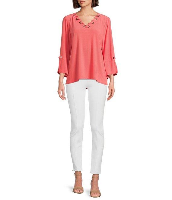 Slim Factor by Investments V-Neckline 3/4 Slit Sleeve Grommet Top Product Image