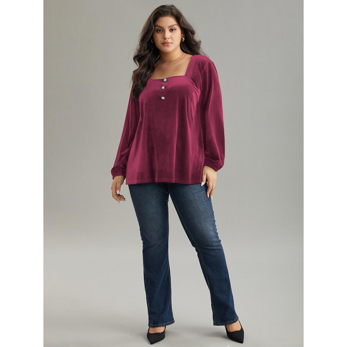 Plus Size Scarlet Velvet Metal Button Detail Blouse Women Elegant Long Sleeve Square Neck Dailywear Blouses BloomChic 28/5X Product Image