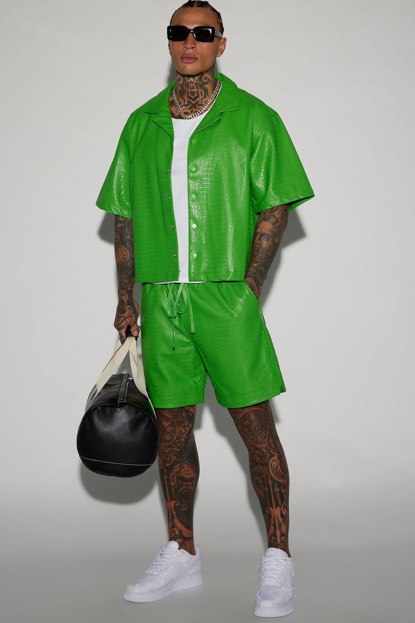 Gotta Run Faux Croc Leather Cropped Button Up Shirt - Green Product Image