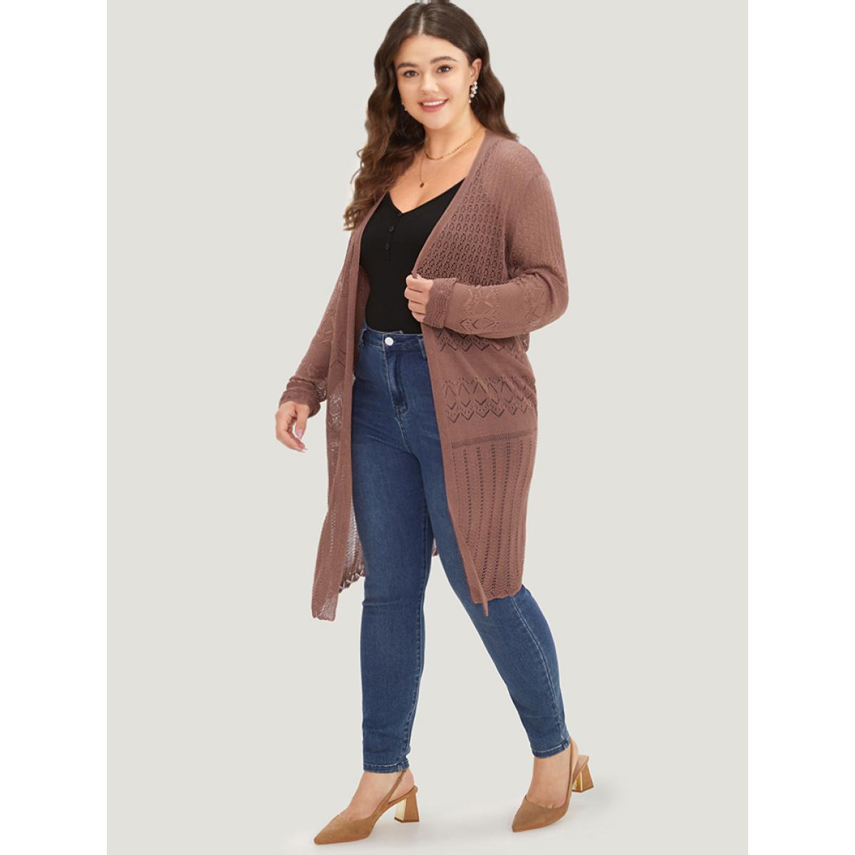 Plus Size Geometric Eyelet Open Front Maxi Cardigan Rust Women Casual Loose Long Sleeve Everyday Cardigans BloomChic 26/4X Product Image