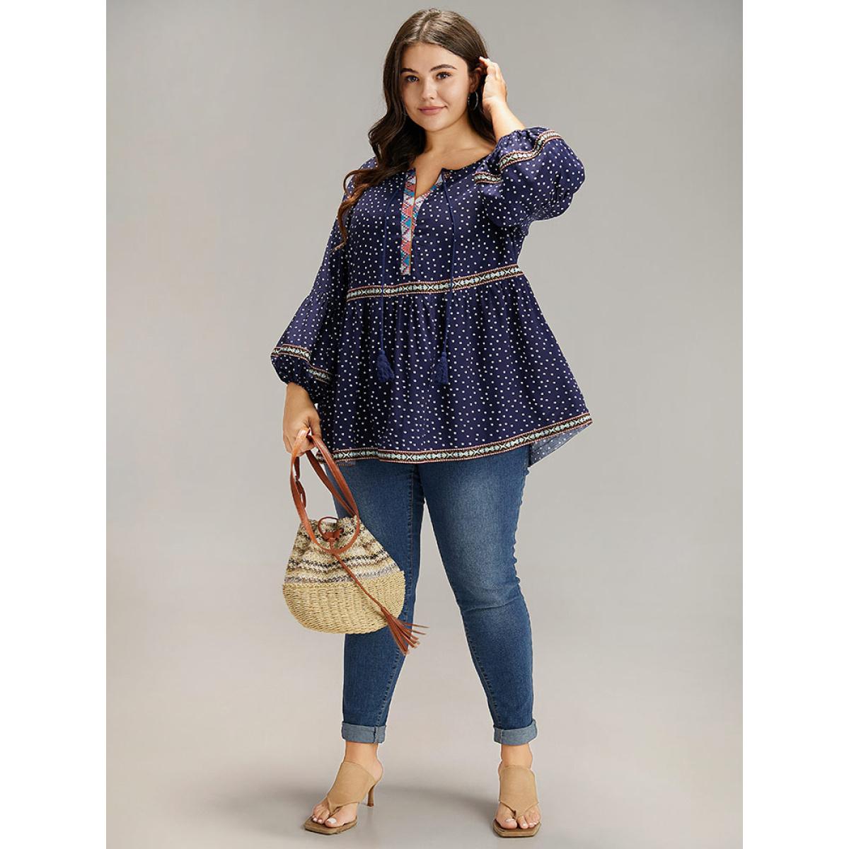 Plus Size Indigo Polka Dot Bandana Trim Ties Blouse Women Resort Long Sleeve Tie Neck Vacation Blouses BloomChic 14-16/1X Product Image