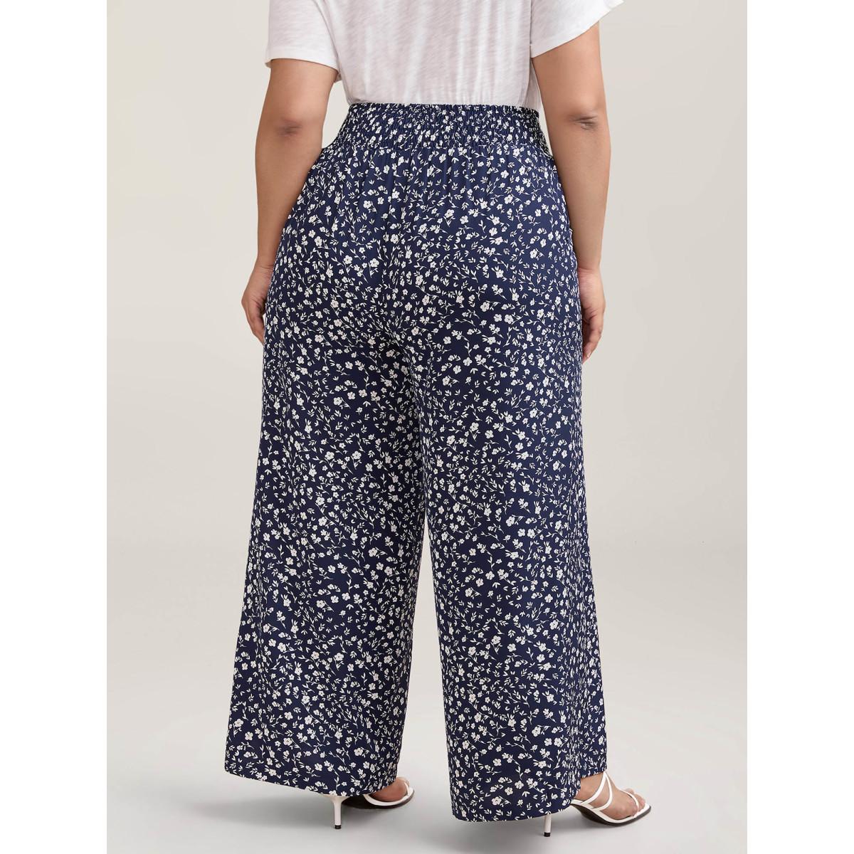 Plus Size Ditsy Floral Print Shirred Wide-Leg Pants Women Indigo Elegant Wide Leg Mid Rise Everyday Pants BloomChic 18-20/2X Product Image