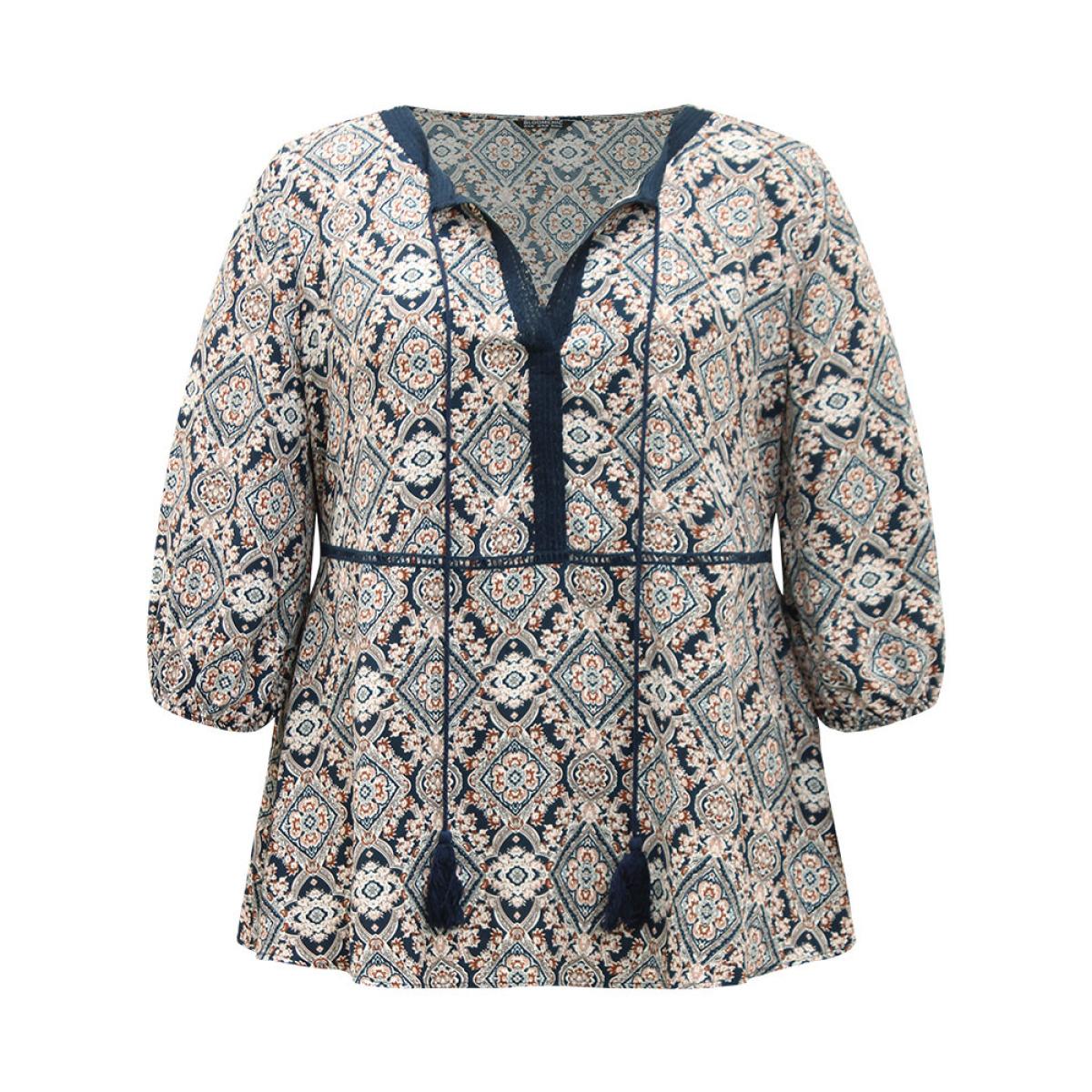 Plus Size Indigo Moroccan Print Tassels Ties Elastic Cuffs Blouse Women Resort Elbow-length sleeve Tie Neck Vacation Blouses BloomChic 14-16/1X Product Image