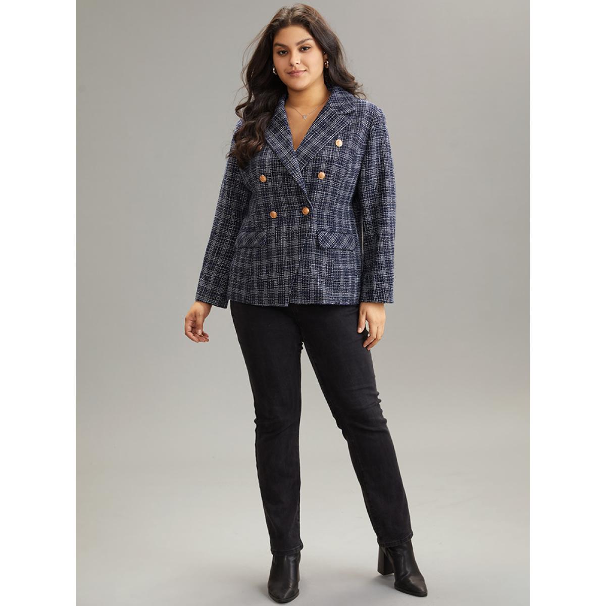 Plus Size Tweed Plaid Suit Collar Metal Detail Blazer Indigo Women Dailywear Plaid Lined Sleeve Long Sleeve Suit Collar 12/L Pocket Casual Blazers BloomChic Product Image