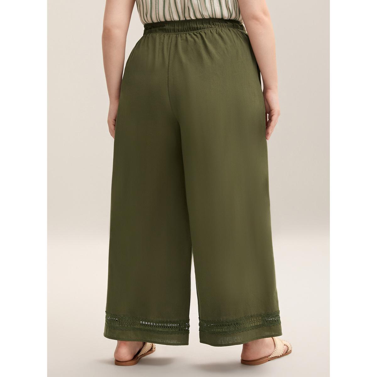 Plus Size Drawstring Lace Detail Wide-Leg Pants Women ArmyGreen Boho Wide Leg Mid Rise Vacation Pants BloomChic 12/L Product Image