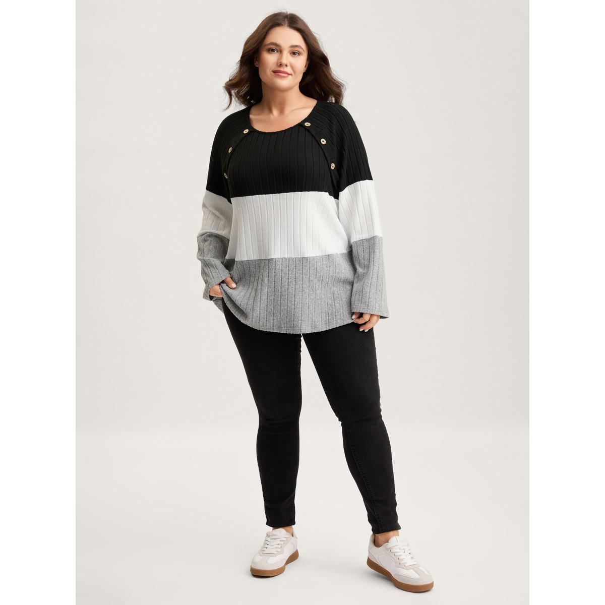 Plus Size Monochrome Stripes Shoulder Button T-Shirt Black Women Texture Round Neck Everyday-Casual T-shirts BloomChic 22-24/3X Product Image
