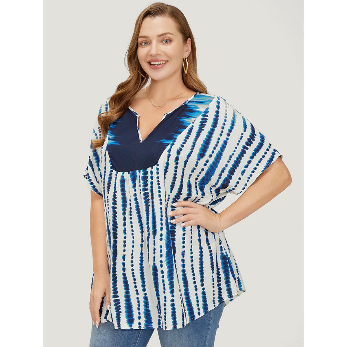 Plus Size Multicolor Tie Dye Patchwork Batwing Sleeve Notched Neck Blouse Women Vacation Short sleeve Notched collar Dailywear Blouses BloomChic 14-16/1X Product Image