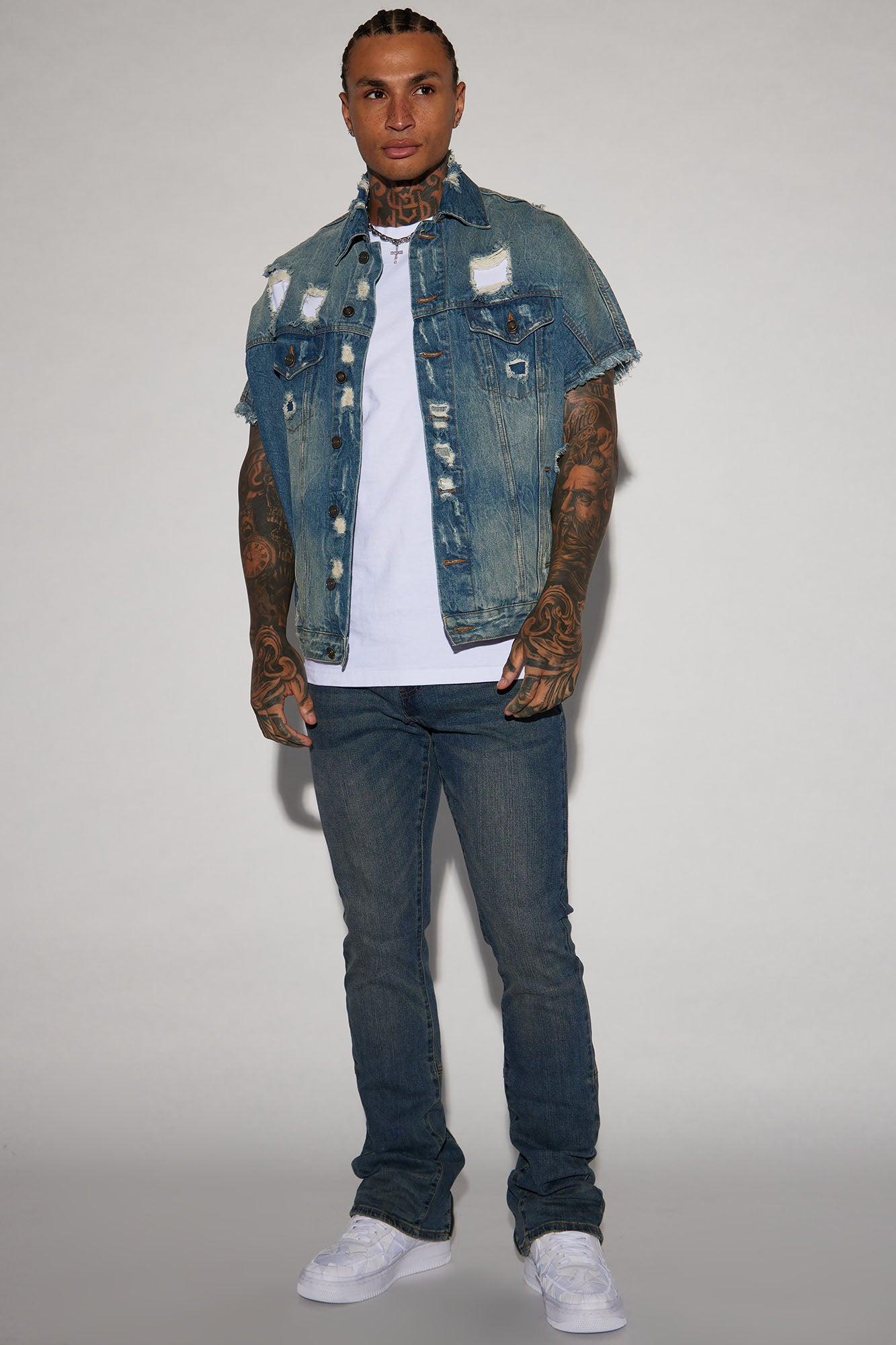 Drop Top Back Zip Stacked Skinny Jeans - Vintage Blue Wash Product Image