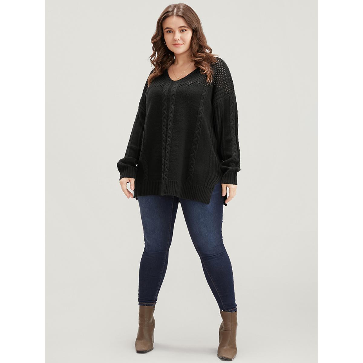 Plus Size Solid Pointelle Knit Cut Out Split Hem Cable Knit Top Black Women Casual Loose Long Sleeve V-neck Dailywear Pullovers BloomChic 28/5X Product Image